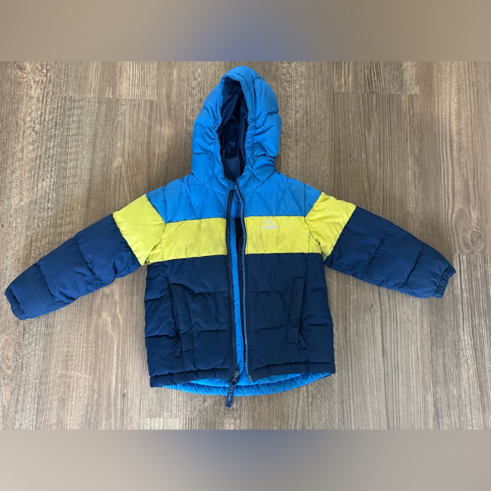 L L Bean Down Puffer Color Block  Blue Yellow Hooded Jacket